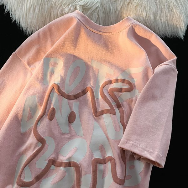 Plus-Size Unisex Cotton Short-Sleeve T-Shirt with Letter Print - Trendy Loose-Fitting Couple's Top for Casual Y2K Style