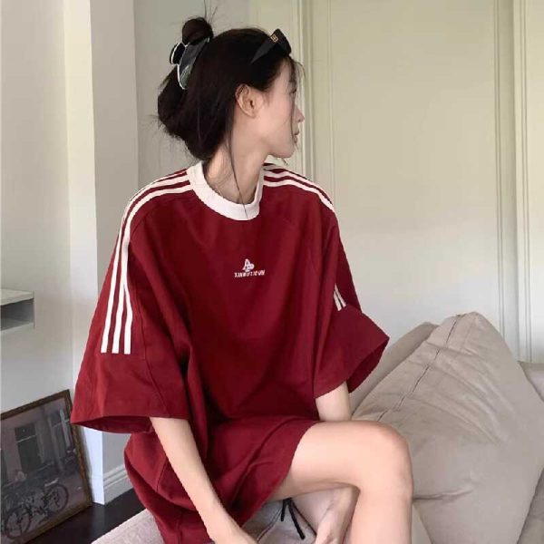 Plus Size Women's American Retro Color-Blocked Striped Casual Cotton Short Sleeve T-Shirt - Loose Fit Mid-Length Top