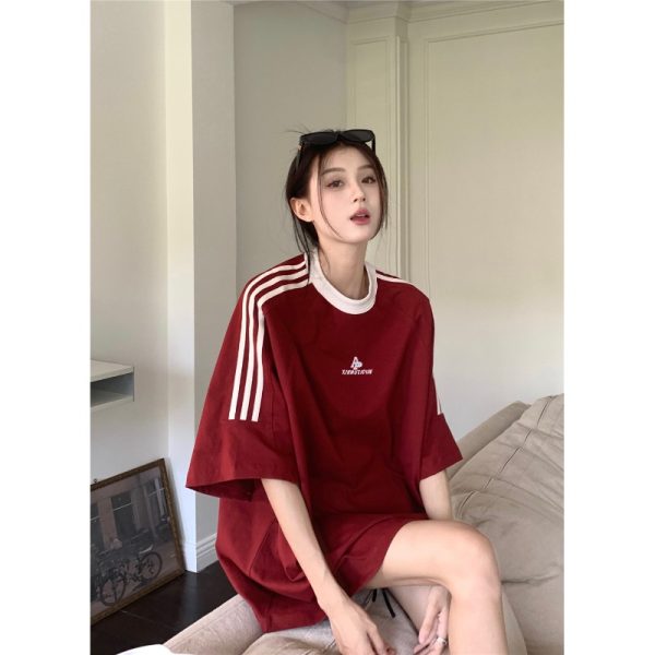 Plus Size Women's American Retro Color-Blocked Striped Casual Cotton Short Sleeve T-Shirt - Loose Fit Mid-Length Top