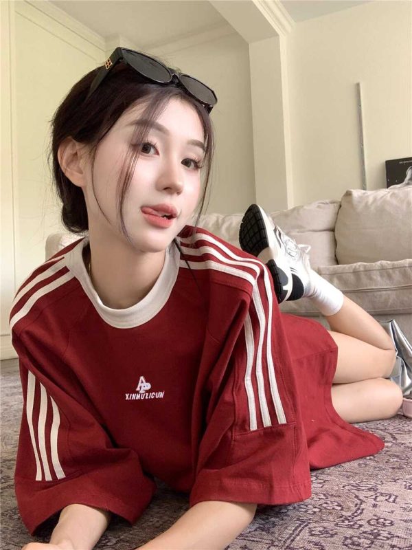 Plus Size Women's American Retro Color-Blocked Striped Casual Cotton Short Sleeve T-Shirt - Loose Fit Mid-Length Top