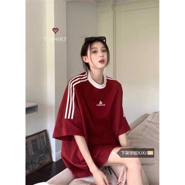 Plus Size Women's American Retro Color-Blocked Striped Casual Cotton Short Sleeve T-Shirt - Loose Fit Mid-Length Top