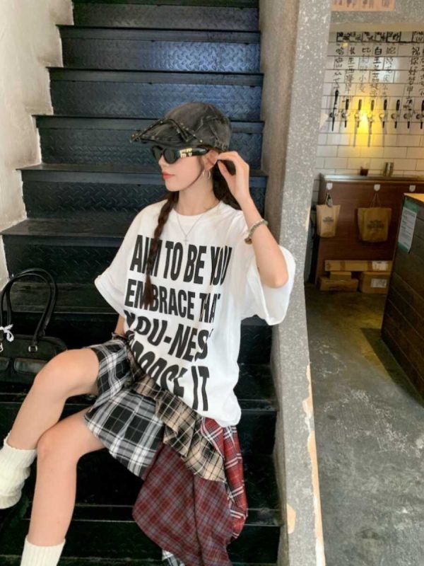 Plus Size Women's American Retro Letter Print Short Sleeve T-Shirt - Loose Fit Cotton Streetwear Top