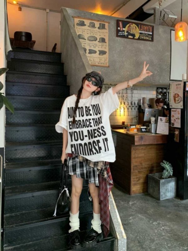 Plus Size Women's American Retro Letter Print Short Sleeve T-Shirt - Loose Fit Cotton Streetwear Top