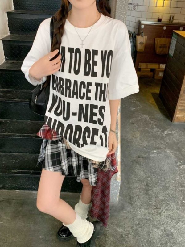 Plus Size Women's American Retro Letter Print Short Sleeve T-Shirt - Loose Fit Cotton Streetwear Top