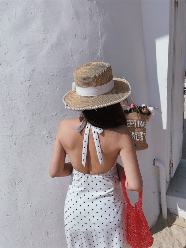 Polka Dot Backless Halter Dress for Women - French V-Neck, Waist-Defining, Handmade Spring/Summer 2025 Fashion