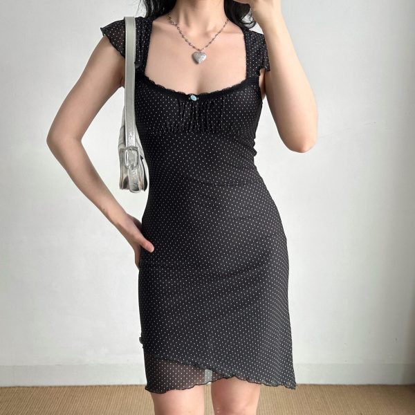 Polka Dot Flutter Sleeve Dress for Women - Summer Slim Fit, Waist-Cinching, Asymmetrical Skirt - European and American Style