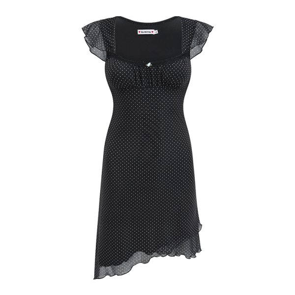 Polka Dot Flutter Sleeve Dress for Women - Summer Slim Fit, Waist-Cinching, Asymmetrical Skirt - European and American Style