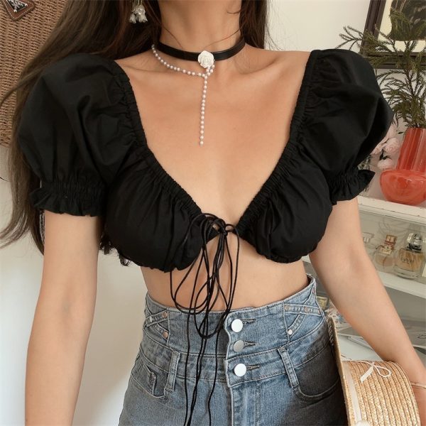 Puff Sleeve Deep V Tie Top - European & American Style, Ultra-Short Design for Spicy Girls, Perfect for Holiday and Night Out.