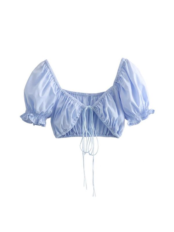 Puff Sleeve Deep V Tie Top - European & American Style, Ultra-Short Design for Spicy Girls, Perfect for Holiday and Night Out.