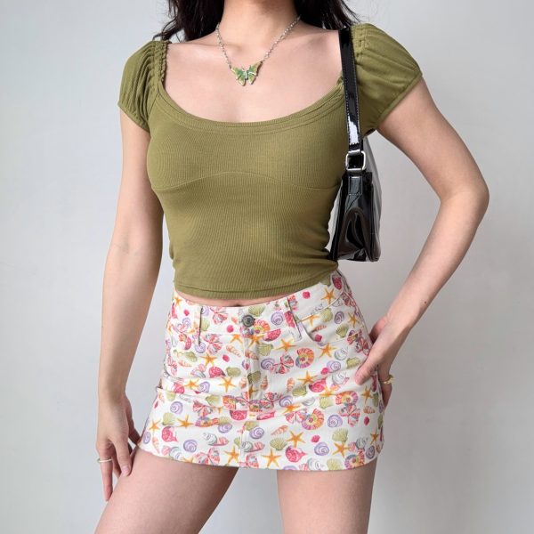 Puff Sleeve U-Neck Short Sleeve T-Shirt for Women - Simple Slim Fit Summer Top in European and American Style