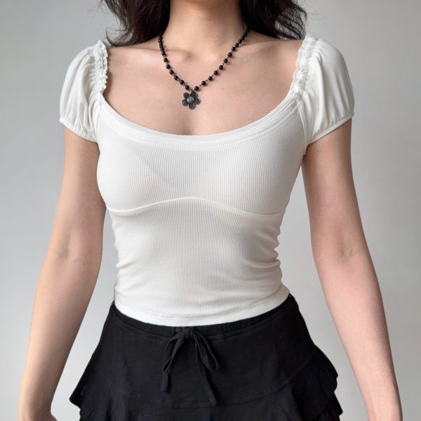 Puff Sleeve U-Neck Short Sleeve T-Shirt for Women - Simple Slim Fit Summer Top in European and American Style