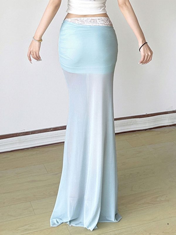 Pure Desire Blue Floral Mesh Lace Spliced Bodycon Skirt - Summer Vacation Style, Three-Dimensional Design, Trendy Y2K Fashion