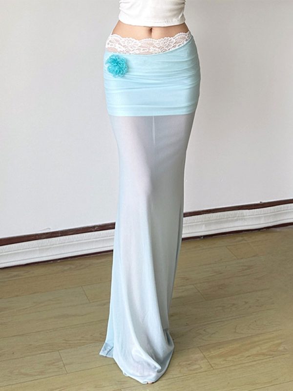 Pure Desire Blue Floral Mesh Lace Spliced Bodycon Skirt - Summer Vacation Style, Three-Dimensional Design, Trendy Y2K Fashion