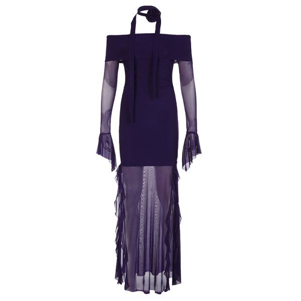 Purple Charm Off-Shoulder Sheer Long Dress with Bell Sleeves - Womenâ€™s Bodycon Dress, Elegant Evening Wear, Trendy Fashion
