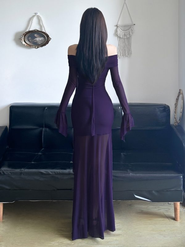 Purple Charm Off-Shoulder Sheer Long Dress with Bell Sleeves - Womenâ€™s Bodycon Dress, Elegant Evening Wear, Trendy Fashion