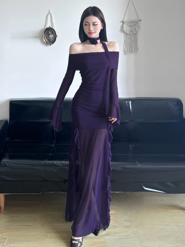 Purple Charm Off-Shoulder Sheer Long Dress with Bell Sleeves - Womenâ€™s Bodycon Dress, Elegant Evening Wear, Trendy Fashion