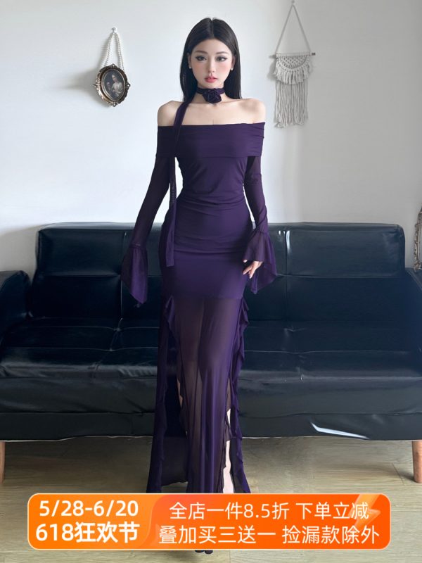 Purple Charm Off-Shoulder Sheer Long Dress with Bell Sleeves - Womenâ€™s Bodycon Dress, Elegant Evening Wear, Trendy Fashion