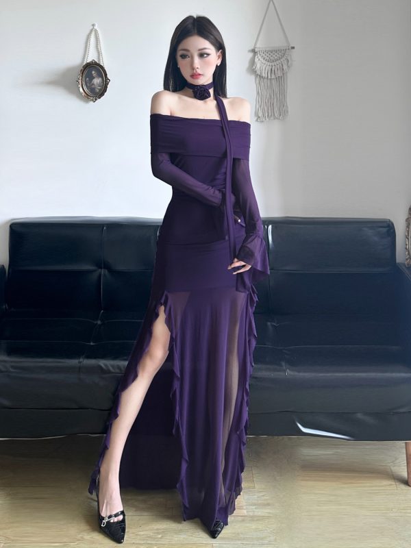 Purple Charm Off-Shoulder Sheer Long Dress with Bell Sleeves - Womenâ€™s Bodycon Dress, Elegant Evening Wear, Trendy Fashion