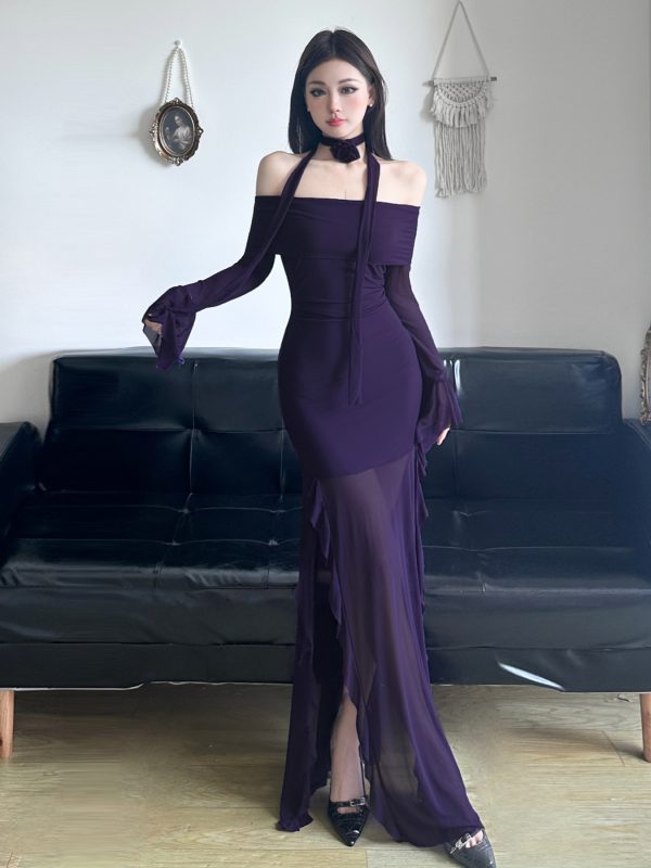 Purple Charm Off-Shoulder Sheer Long Dress with Bell Sleeves - Womenâ€™s Bodycon Dress, Elegant Evening Wear, Trendy Fashion