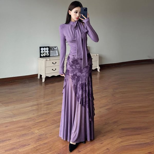 Purple Charm Printed Irregular Hem Mermaid Long Skirt with Elegant Neck Tie Top Set - Y2K Inspired Fashion Outfit