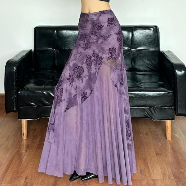 Purple Charm Printed Irregular Hem Mermaid Long Skirt with Elegant Neck Tie Top Set - Y2K Inspired Fashion Outfit