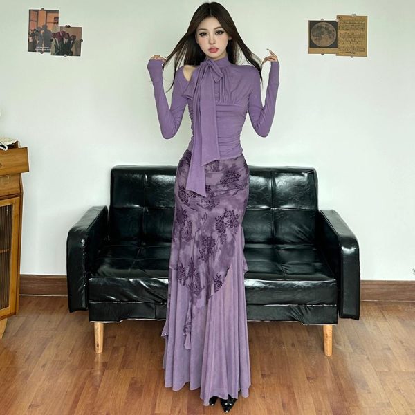 Purple Charm Printed Irregular Hem Mermaid Long Skirt with Elegant Neck Tie Top Set - Y2K Inspired Fashion Outfit