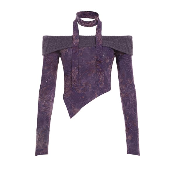 Purple Charm Printed Irregular Hem Mermaid Long Skirt with Elegant Neck Tie Top Set - Y2K Inspired Fashion Outfit