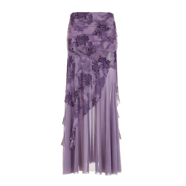 Purple Charm Printed Irregular Hem Mermaid Long Skirt with Elegant Neck Tie Top Set - Y2K Inspired Fashion Outfit