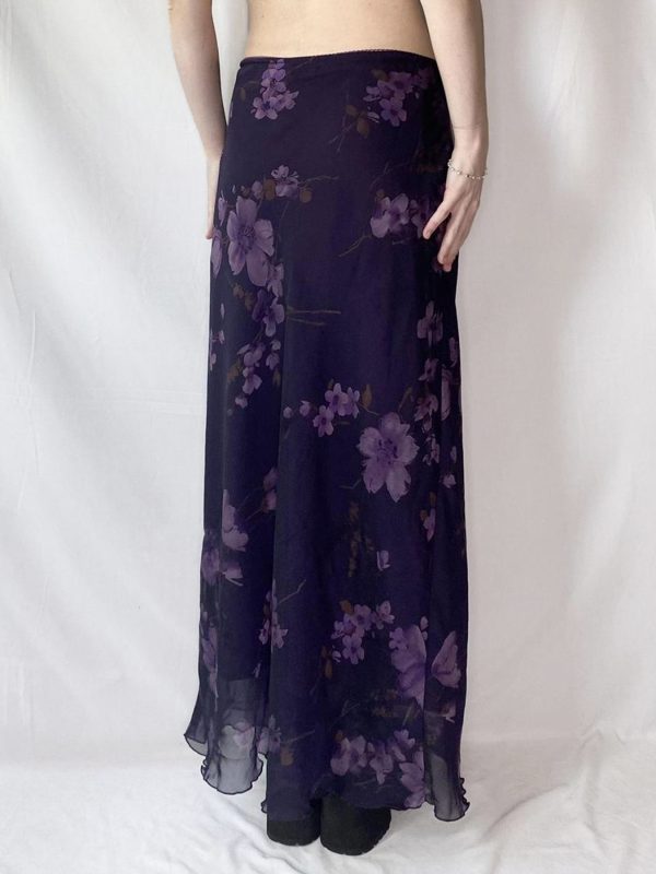 Purple Floral Mesh Long Skirt - Women's Retro Chinese Style Low Waist Vintage Maxi Skirt, Y2K Inspired Fashion