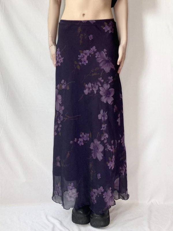 Purple Floral Mesh Long Skirt - Women's Retro Chinese Style Low Waist Vintage Maxi Skirt, Y2K Inspired Fashion