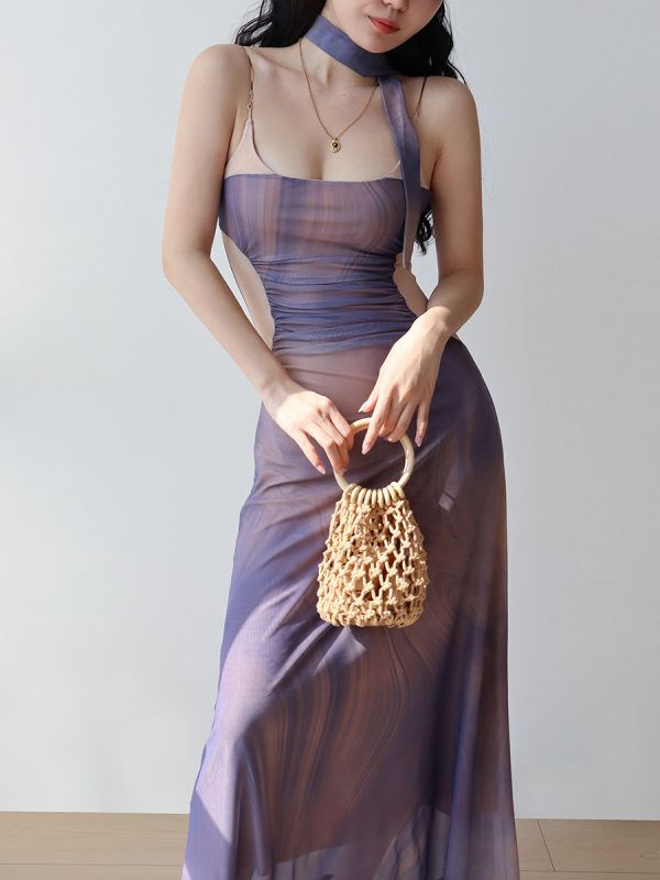 Purple Off-Shoulder Sling Dress for Women - French Vacation Style Island Oil Painting Design, Sexy Slim Fit Long Dress