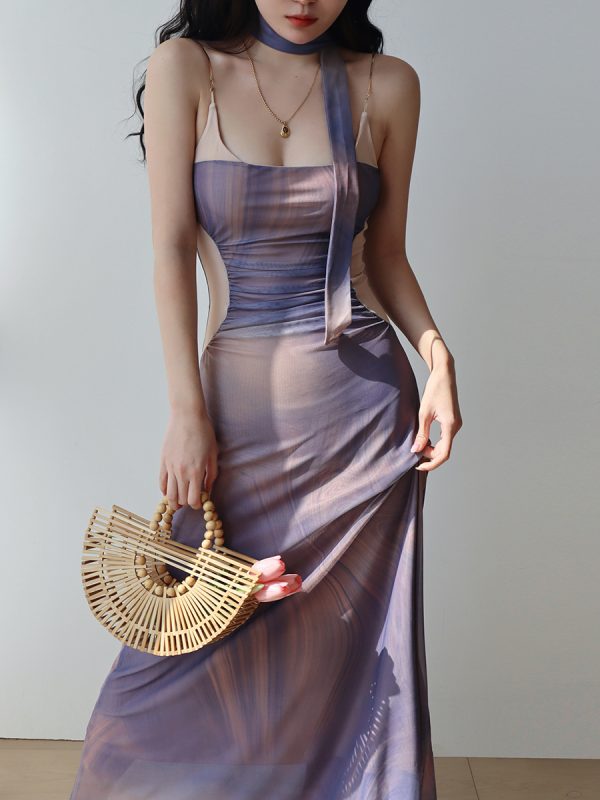 Purple Off-Shoulder Sling Dress for Women - French Vacation Style Island Oil Painting Design, Sexy Slim Fit Long Dress