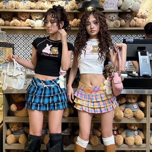 Rainbow Color Multi-Layer Pleated Mini Skirt - Plaid Versatile Street Style Hot Girl Dance Skirt