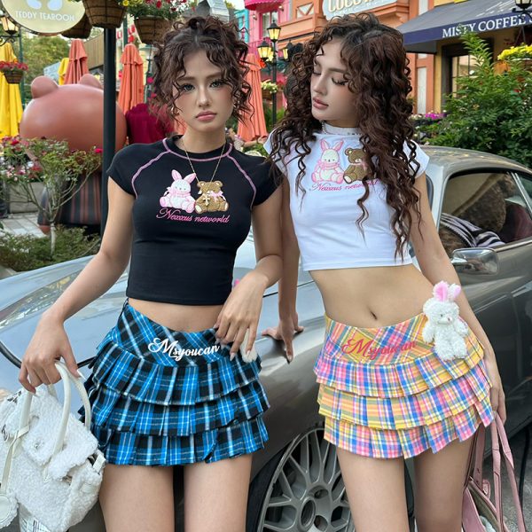 Rainbow Color Multi-Layer Pleated Mini Skirt - Plaid Versatile Street Style Hot Girl Dance Skirt