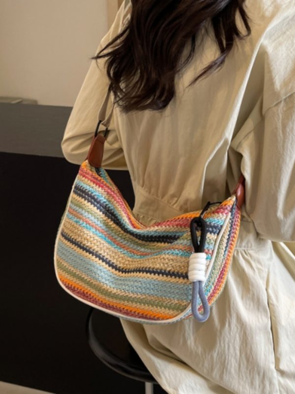 Rainbow Straw Woven Bag for Women - Large Capacity Beach Crossbody Dumpling Bag for Summer Commuting and Vacation