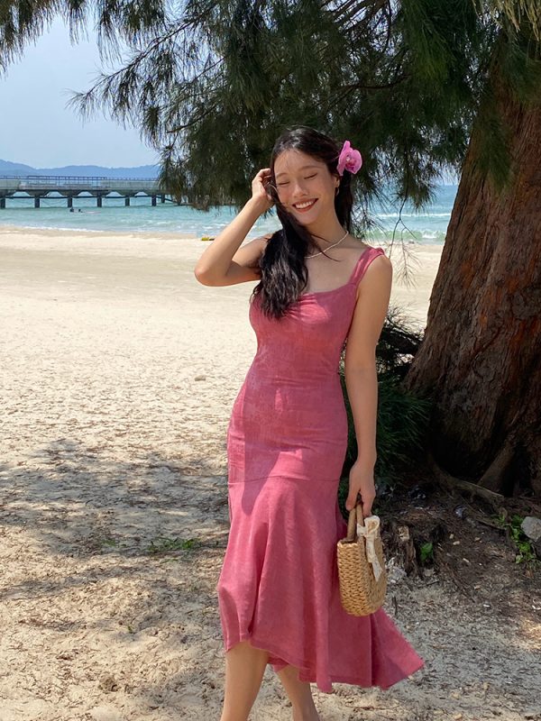 Raspberry Jacquard Diagonal Strap Dress - Vintage Slim-Fit Tank Dress in French Style, 90s Inspired Fashion