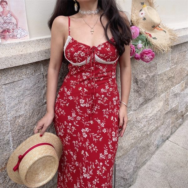 Red Floral Lace-Trimmed Waist-Cinching Camisole Long Dress - Handmade French Vintage Style for Spring/Summer 2025 Vacation Wear