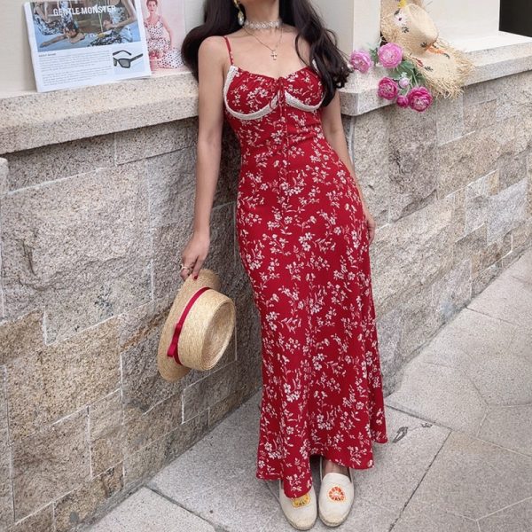 Red Floral Lace-Trimmed Waist-Cinching Camisole Long Dress - Handmade French Vintage Style for Spring/Summer 2025 Vacation Wear