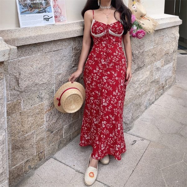 Red Floral Lace-Trimmed Waist-Cinching Camisole Long Dress - Handmade French Vintage Style for Spring/Summer 2025 Vacation Wear