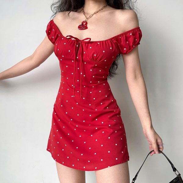 Red Floral Polka Dot Front Tie A-Line Dress - Slim Fit Short Skirt for Hot Girl Style, Inspired by European and American Fashion