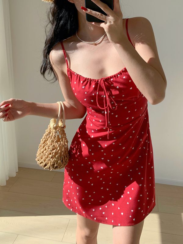 Red Floral Tie Strap Short Dress - Waist-Defining Slimming Vacation Style for Fresh Girls - Perfect for 90s and Y2K Fashion Lovers
