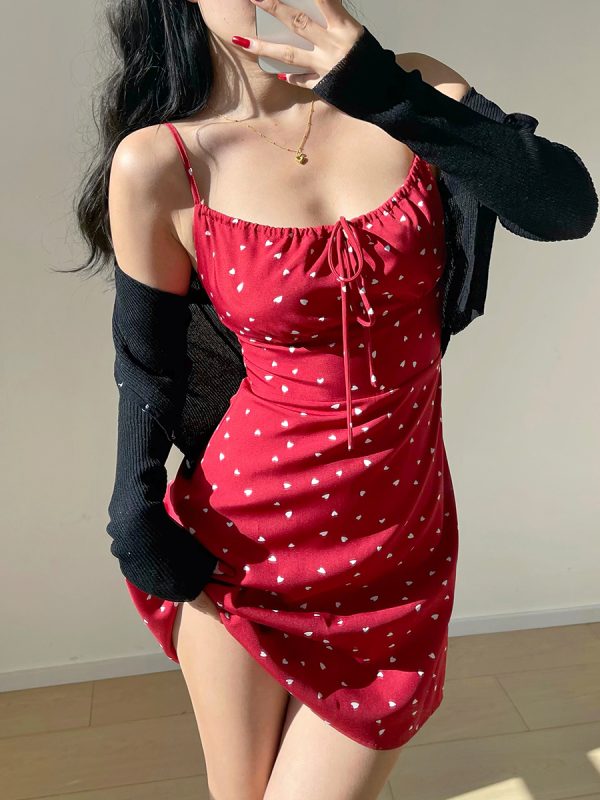 Red Floral Tie Strap Short Dress - Waist-Defining Slimming Vacation Style for Fresh Girls - Perfect for 90s and Y2K Fashion Lovers