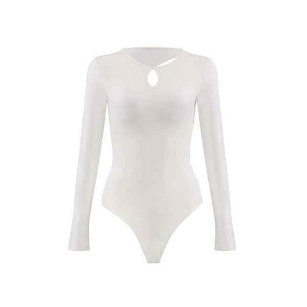 Red Hollow Out Round Neck Bodysuit for Women - Sexy Backless Long Sleeve Tight T-Shirt with Chest Pad - Y2K Fashion