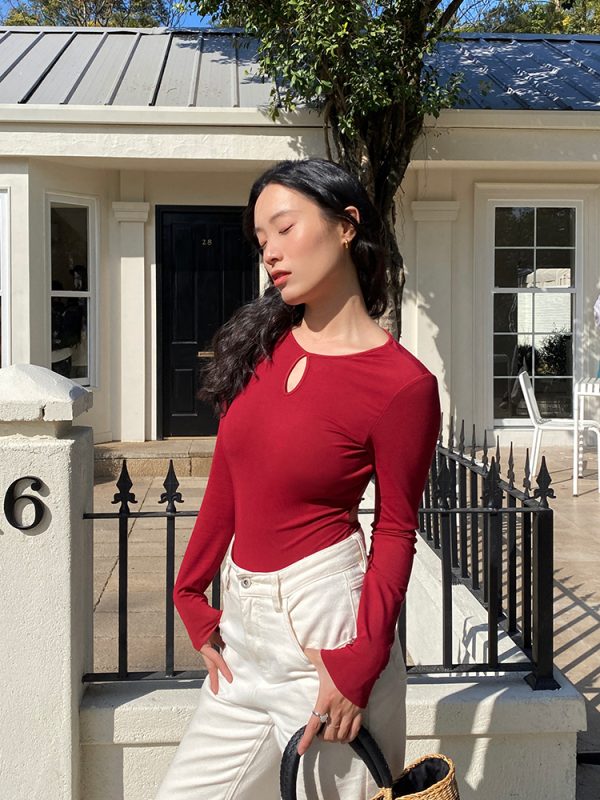 Red Hollow Out Round Neck Bodysuit for Women - Sexy Backless Long Sleeve Tight T-Shirt with Chest Pad - Y2K Fashion