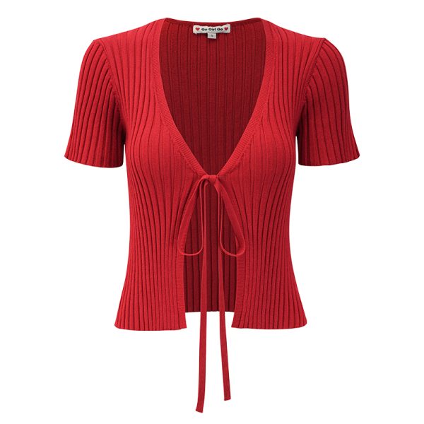 Red Knitted Cardigan for Women - Simple V-Neck, Short Sleeve, Tied Design - European and American Style, Perfect for Y2K Fashion