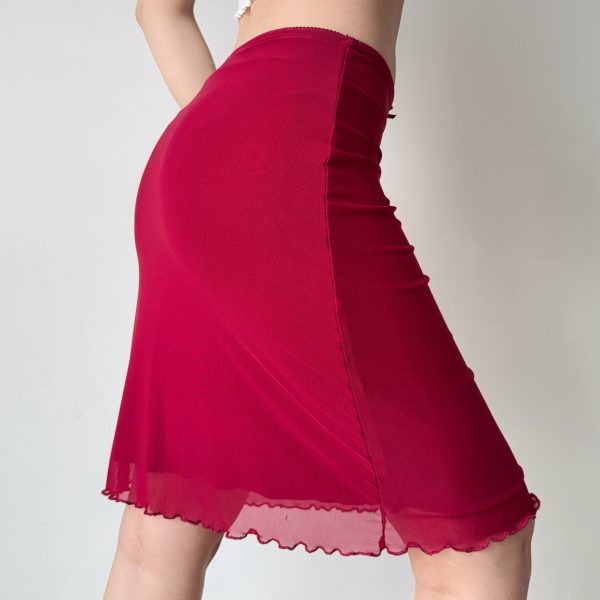 Red Mesh Half Skirt Summer Dress with Drape Detail - Self-Made European & American Style Bodycon Fashion