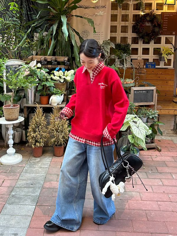 Red Plaid Polo Collar Fake Two-Piece Jacket - Chic Versatile Sweater for Autumn Winter - Y2K Inspired Fashion Style