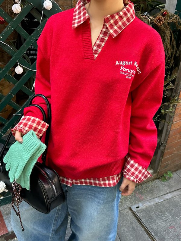 Red Plaid Polo Collar Fake Two-Piece Jacket - Chic Versatile Sweater for Autumn Winter - Y2K Inspired Fashion Style