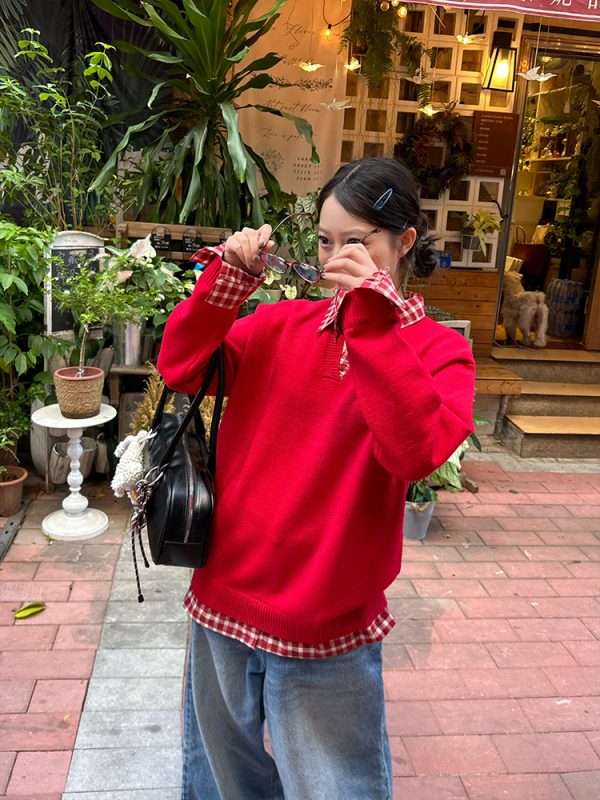 Red Plaid Polo Collar Fake Two-Piece Jacket - Chic Versatile Sweater for Autumn Winter - Y2K Inspired Fashion Style