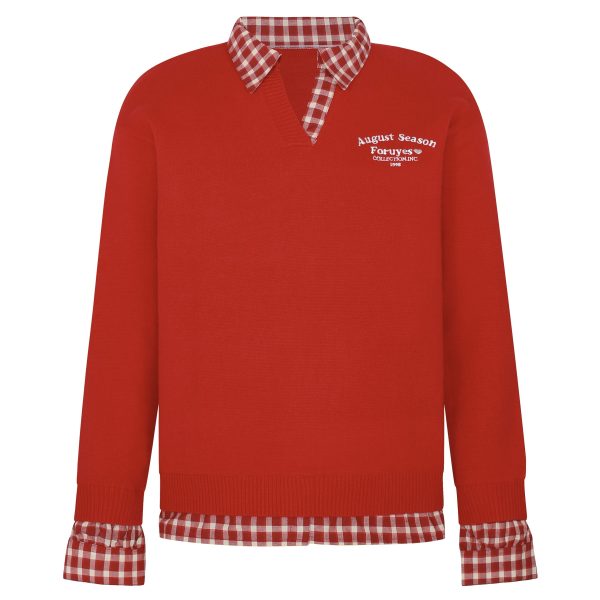 Red Plaid Polo Collar Fake Two-Piece Jacket - Chic Versatile Sweater for Autumn Winter - Y2K Inspired Fashion Style